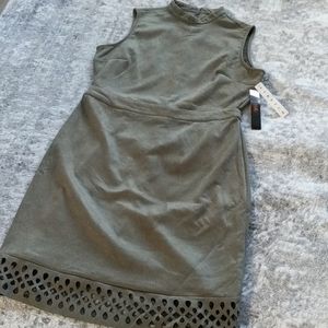 Size 10 Olive Green Faux Suede Dress Unique Eyelet Cutout High Neck